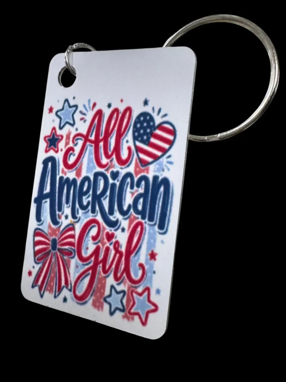 All American Girl Patriotic Metal Keychain, Red White and Blue USA Flag Design